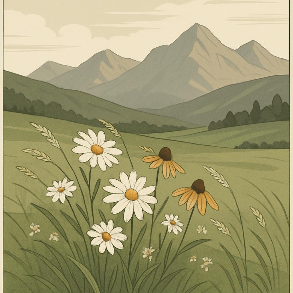 a scenic aerial landscape view of mountains and wildflowers