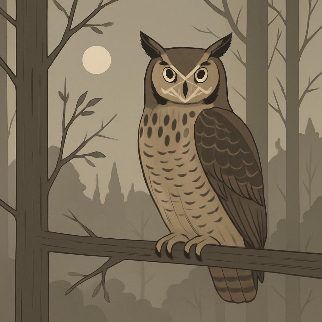 An owl perched on a tree branch in a forest at night, under a full moon.